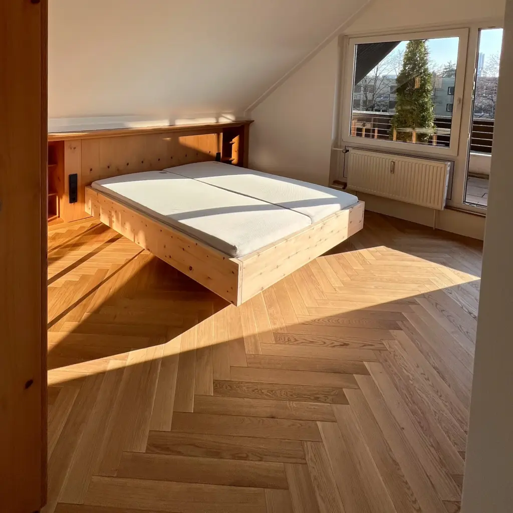 Schlafzimmer mit Fischgrätparkett aus Eiche und Holzbett