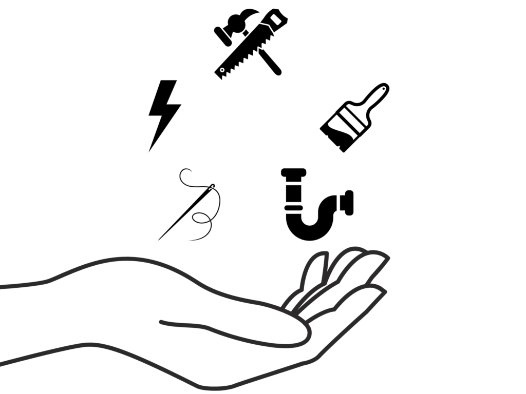 Illustration einer Hand mit Werkzeugen verschiedener Gewerke